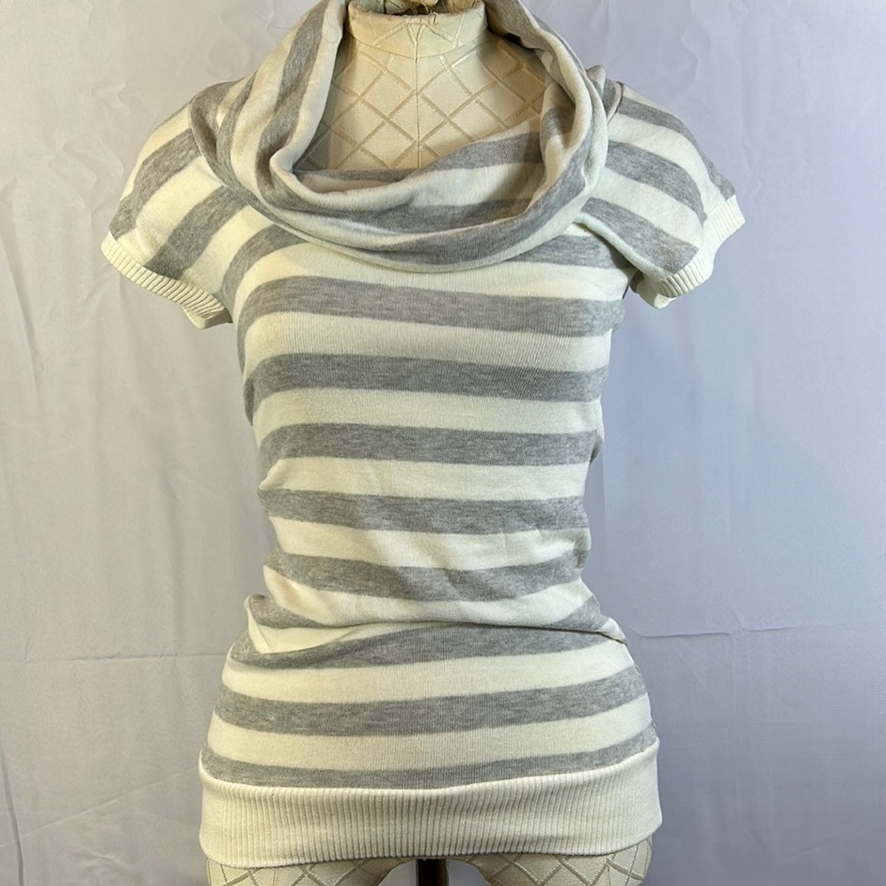 Poof Long Cowl Neck Sweater Size Small Gray and White Stripe Like New
